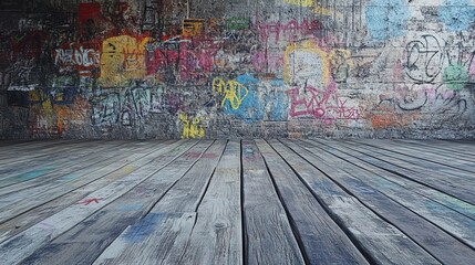 Naklejka premium Graffiti-Covered Concrete Wall and Weathered Wooden Floor