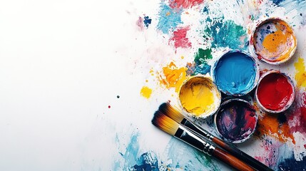 Fototapeta premium Colorful artist palette with paint and brushes artistically arranged on a workspace table filled with vibrant hues for creative projects