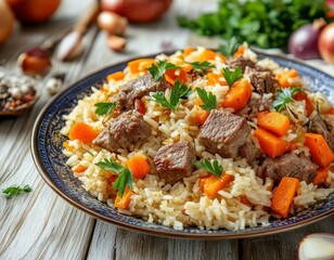 Classic Uzbek dish pilaf rice with meat carrot and onion served in an antique plate on wood