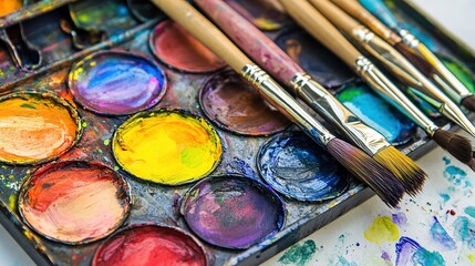 Obraz premium Colorful artist palette with paint and brushes artistically arranged on a workspace table filled with vibrant hues for creative projects
