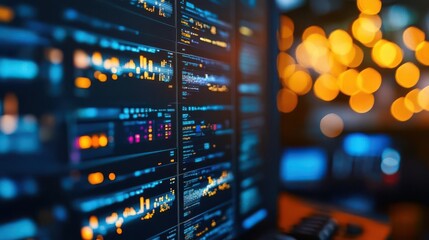 A close-up view of a high-tech monitor displaying colorful data analytics and code against a blurred background of lights.