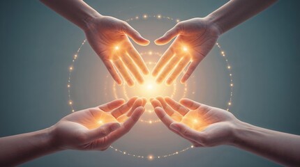 Four Hands Surrounding Glowing Energy Sphere in Spiritual Harmony and Connection