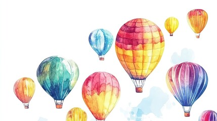 Colorful hot air balloons drifting gracefully in the sky during a bright day with vibrant watercolor splashes in the background