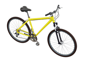 Fototapeta premium Yellow bicycle, side top view. Black leather saddle and handles. Png clipart isolated on transparent background