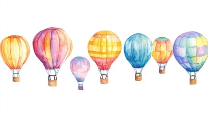 Obraz premium Colorful hot air balloons drifting gracefully in the sky during a bright day with vibrant watercolor splashes in the background