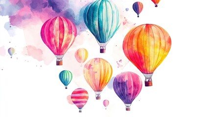 Colorful hot air balloons drifting gracefully in the sky during a bright day with vibrant watercolor splashes in the background