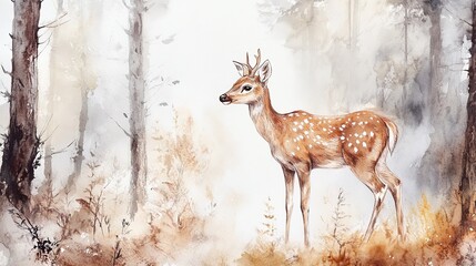 Obraz premium A majestic deer stands in a misty forest surrounded by tall evergreen trees during early morning light in a serene wilderness setting