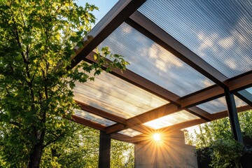 Clear roof made of hail resistant corrugated polycarbonate for terrace or carport
