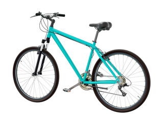 Obraz premium Blue teal bicycle, side back view. Black leather saddle and handles. Png clipart isolated on transparent background