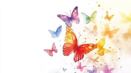 Colorful butterflies flying through a radiant background of blended hues in a serene atmosphere during a sunny day