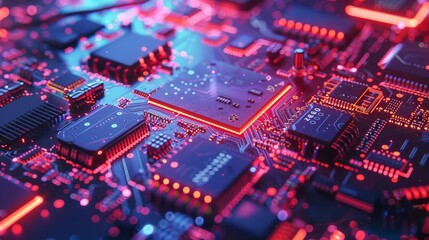 Fototapeta premium Close-up of a futuristic circuit board with glowing red and blue components, showcasing advanced technology and electronic innovation.