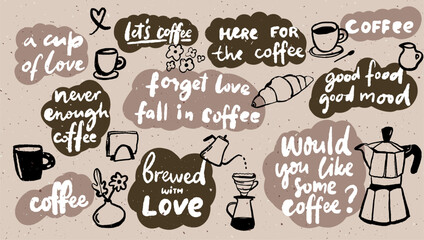 Coffee quotes set, making and brewing sayings, handwritten inscriptions. Moka pot, pour over, cups doodle illustrations