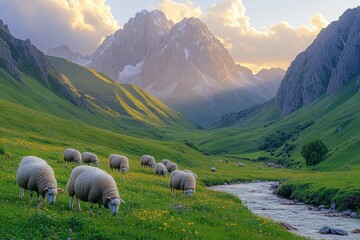 Obraz premium Flock of Sheep Grazing on Green Grassland at Sunset – Idyllic Landscape with Mountains, Rivers, and Warm Sunlight 