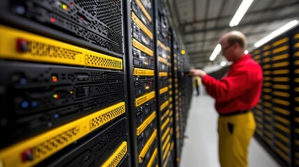 A technician working in a server room, managing network equipment in a high-tech environment filled with data storage.