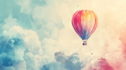 Obraz premium A colorful hot air balloon floats gracefully above soft clouds during a serene sunrise, creating a vibrant sky filled with pastel colors