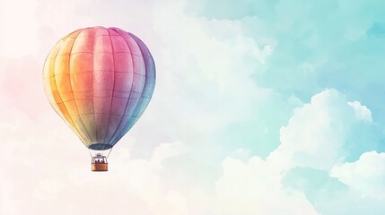 Naklejka premium A colorful hot air balloon floats gracefully above soft clouds during a serene sunrise, creating a vibrant sky filled with pastel colors