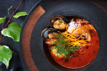 Thai Tom Yam soup with seafood. An exquisite serving of Tom Yam soup. Large mussels. Asian cuisine. Dark background. Top view.