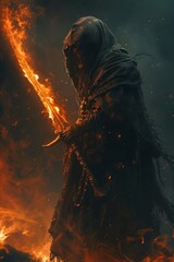 A cloaked figure brandishing a flaming sword stands amidst flames, embodying the grim reaper in a dark, ominous atmosphere