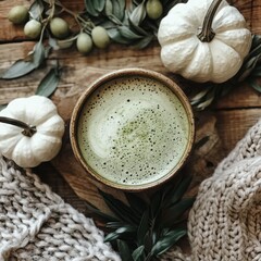 Warm green drink surrounded by white pumpkins and greenery on a wooden surface