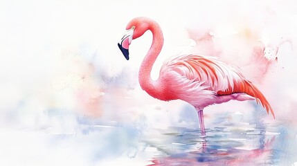 Fototapeta premium A graceful flamingo wading through shallow waters at dawn in a serene environment