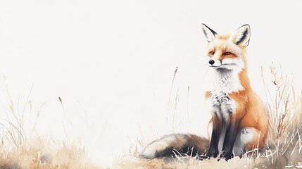 Obraz premium A detailed illustration of a fox sitting peacefully in a grassy field during autumn with gentle watercolor hues