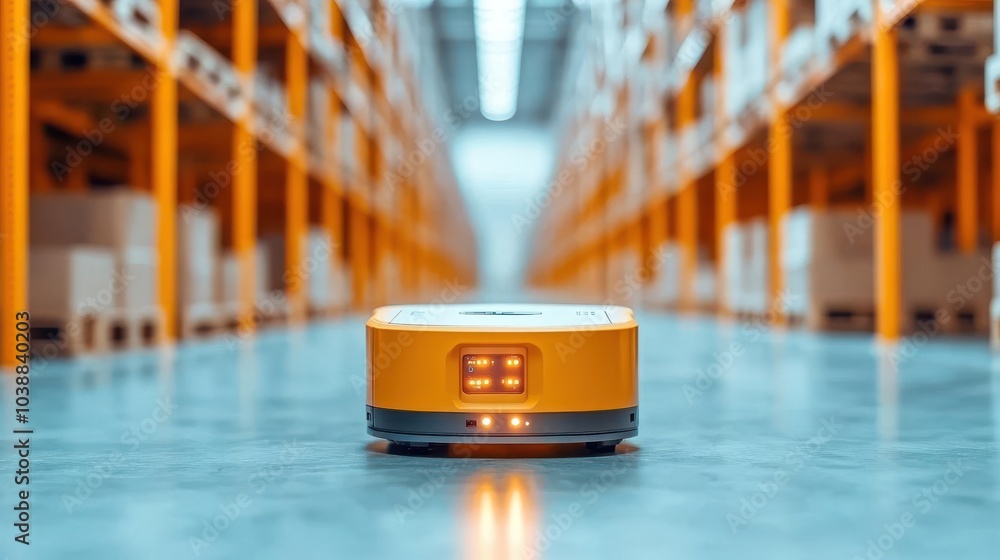 Aufkleber innovative warehouse robot autonomously navigating through aisle with orange shelving, symbolizing t
