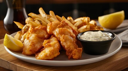 A tantalizing plate of crispy fish and chips, featuring golden-brown battered cod fillets, served with thick-cut fries and tartar sauce