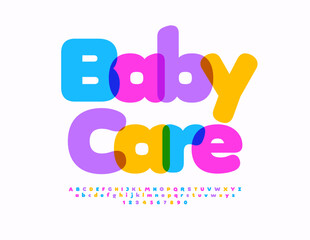Vector artistic sign Baby Care. Cute Children Font. Colorful Alphabet Letters and Numbers set.