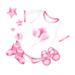 Bodysuit, socks, shoes, pacifier, stars composition. Pink newborn girl items set for baby shower. Watercolor hand drawn illustration isolated on white background. For invitation cards, design, decor.