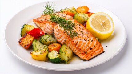 A tantalizing plate of grilled salmon fillet served with roasted vegetables and lemon wedges, Salmon fillet centered on a white plate, Soft natural light for a fresh presentation
