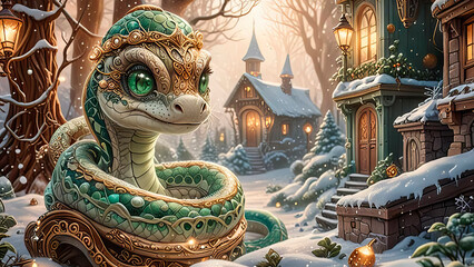 Portrait of a green snake in a Santa hat, Symbol of the year according to the Eastern calendar