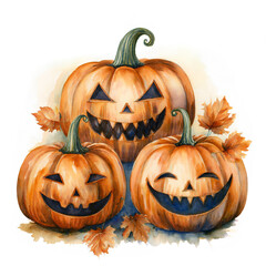 Three spooky Halloween pumpkins painted in watercolor on a white background, the pumpkins are surrounded by autumn leaves. Perfect for holiday cards and seasonal artwork