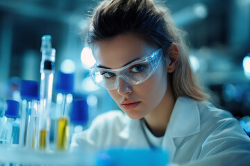 Focused Female Scientist in Lab Coat Conducting Experiment