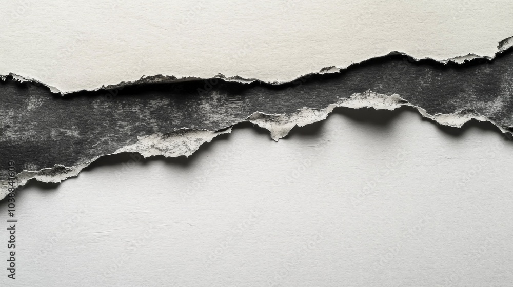 Poster rip in a sheet of paper exposes a contrasting dark surface underneath featuring intricate highly det