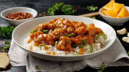 Chinese orange chicken with rice and green onion garnish