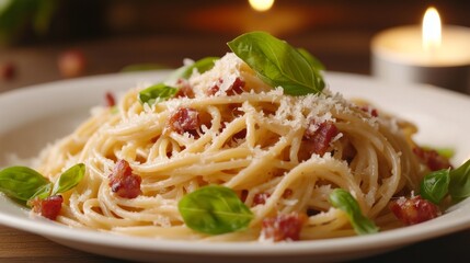 A tantalizing plate of homemade spaghetti carbonara, garnished with crispy pancetta and freshly grated Parmesan cheese, Pasta plate centered