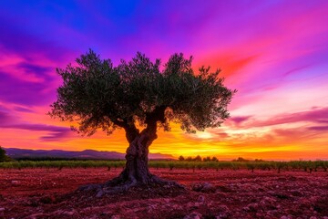 Majestic olive tree standing in olive grove at vibrant sunset