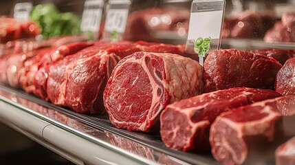 A close-up of fresh raw red meat cuts on a supermarket shelf, featuring premium selections like ribeye, sirloin, and brisket.