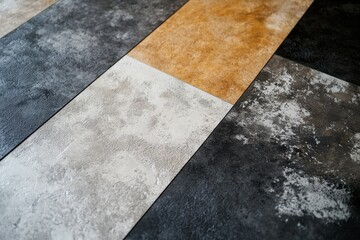 Close up sample of PVC vinyl floor tile showcasing stone and concrete texture for interior surfaces