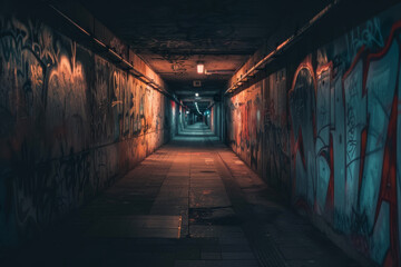 Fototapeta premium A dark tunnel with graffiti on the walls
