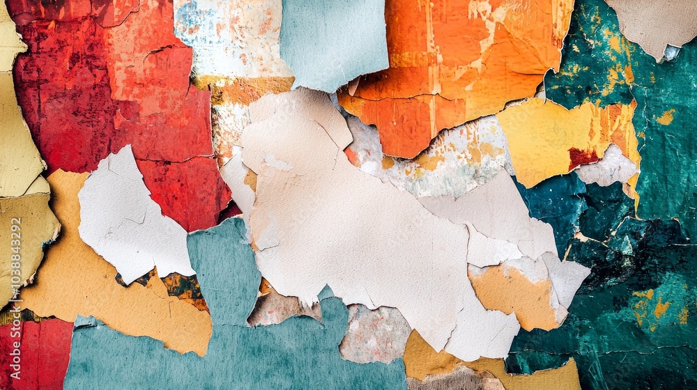 Poster vibrant layers of torn paper provide engaging and dynamic backdrop perfect for artistic endeavors an