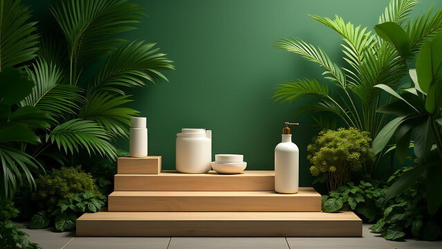 Artificial intelligence enhances product display on wooden podium amidst lush tropical setting and floral arrangements in vibrant green hues.