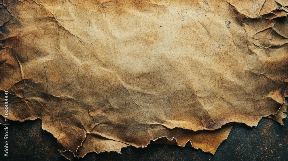 Poster vintage style piece crumpled paper featuring slightly burnt edges rests on rustic background capturi