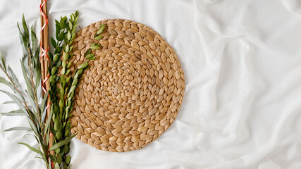 Jewish holiday Sukkot traditional symbols and decorations isolated on white background. Top view,...