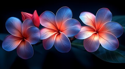 Three pink and blue plumeria flowers with a bud on a dark background.