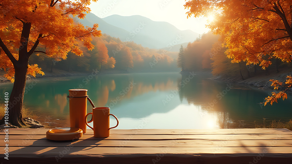Poster Autumn lake scenery features vibrant trees, a wooden table, and product placement with generative AI technology.