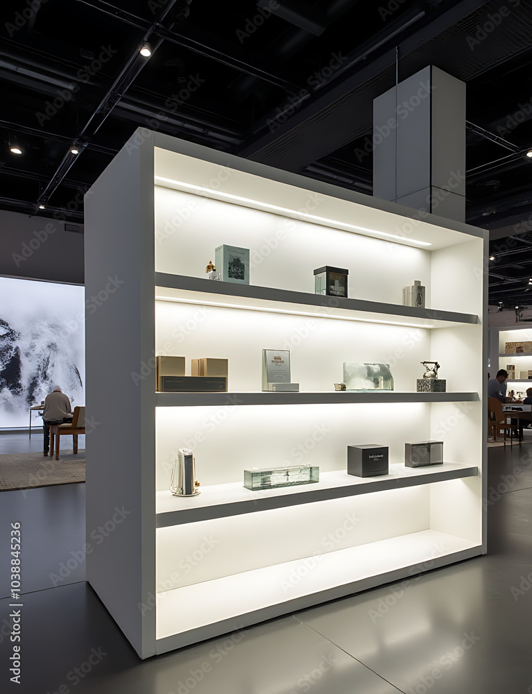 Poster Backlit shelves showcase products to great effect on a minimalist display stand for maximum visual impact at trade shows.