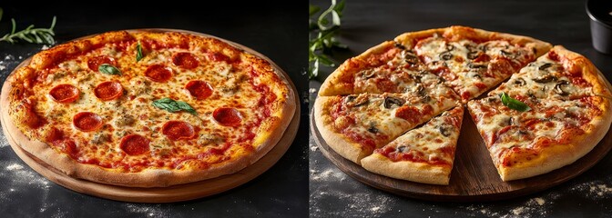 Pizza whole and slice composition background