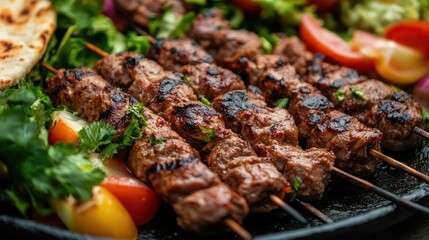 Grilled meat skewers served on a platter with fresh vegetables and herbs.