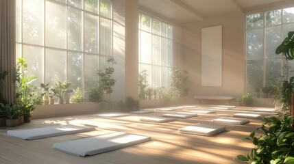 Fototapeta premium A serene yoga studio filled with natural light and plants, designed for relaxation and mindfulness.